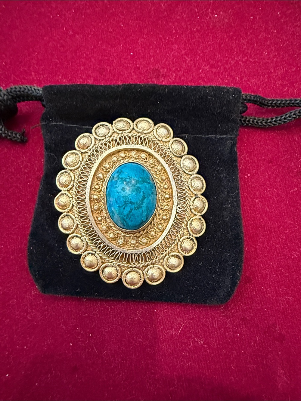 Gold-Tone Filigree Brooch with Turquoise Stone